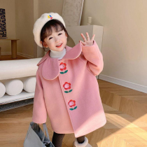Girl Jacket 2022 Spring Autumn New Trendy Ladies Flowers Round Neckline Fur Coats Children Baby Lengthened Outerwear