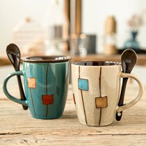 Creative Ceramic Cup retro personality trend Mark Cup Couple Coffee Cup Household cup with cover spoon