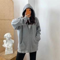 (Douyin same model) KK plus velvet thick loose medium length hooded sweater long sleeve jacket solid color top