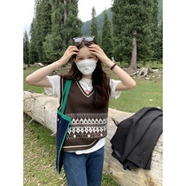 Small vest high-quality female American retro college style vest V-neck jacquard loose sweater sleeveless vest