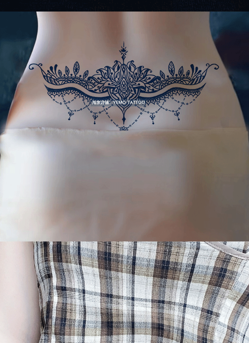 后腰部草本纹身贴大图案防水女半永久性感莲花腹部肚子辣妹高级感