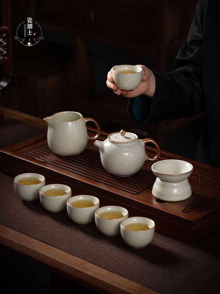 Jingdezhen Ru Ware Beige Teapot Tea Cup Gaiwan Kung Fu Tea Set Office Home Visitor Light Luxury Suit Gift Box