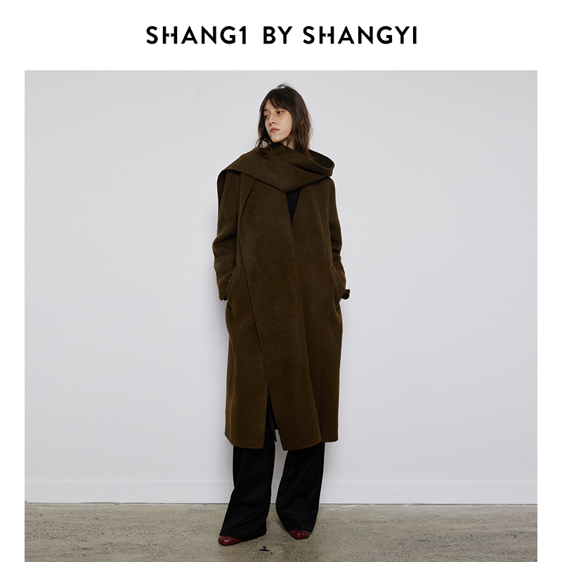 SHANG1 BY SHANGYI羊驼毛大衣秋款女围巾帽双面毛呢高级感长外套