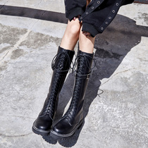 Net red leather lace up but knee boots women long tube Martin boots thick bottom ann Knight boots high leather boots horse boots horse boots