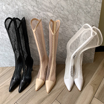 Leather long-tube cold boots v-mouth pointed white boots high-heel mesh boots female Summer Hollow High-tube net boots
