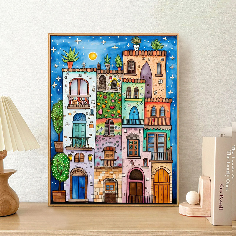 抽象diy数字油画卡通童话镇解压手工绘涂填充色丙烯装饰油彩挂画