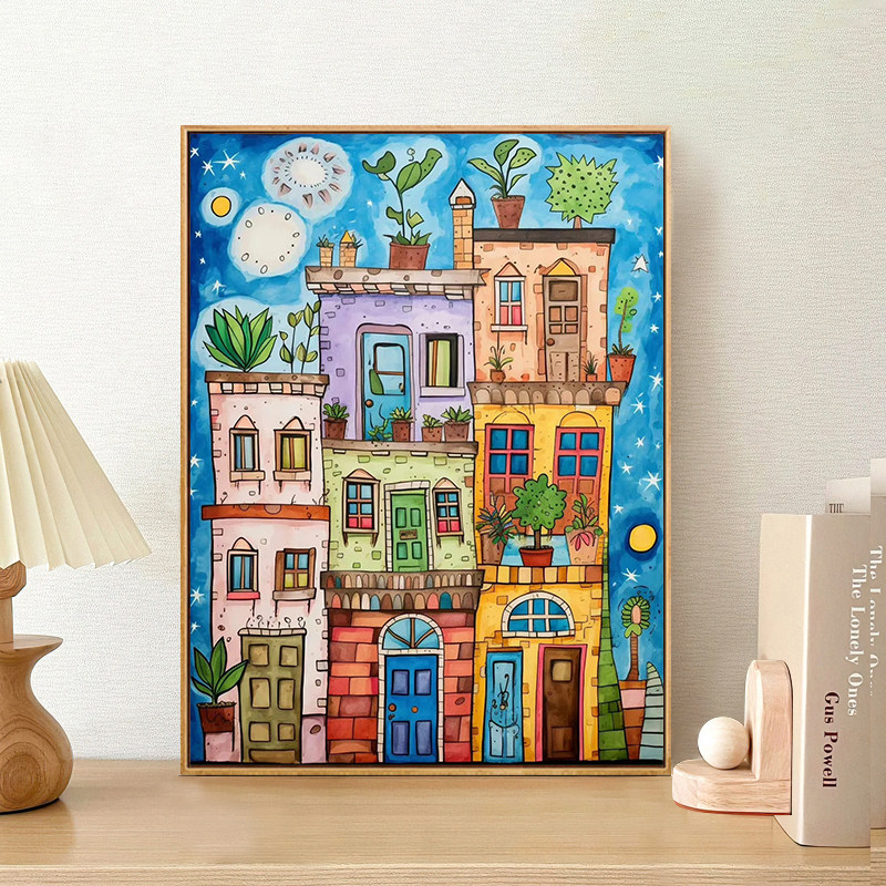 抽象diy数字油画卡通童话镇解压手工绘涂填充色丙烯装饰油彩挂画