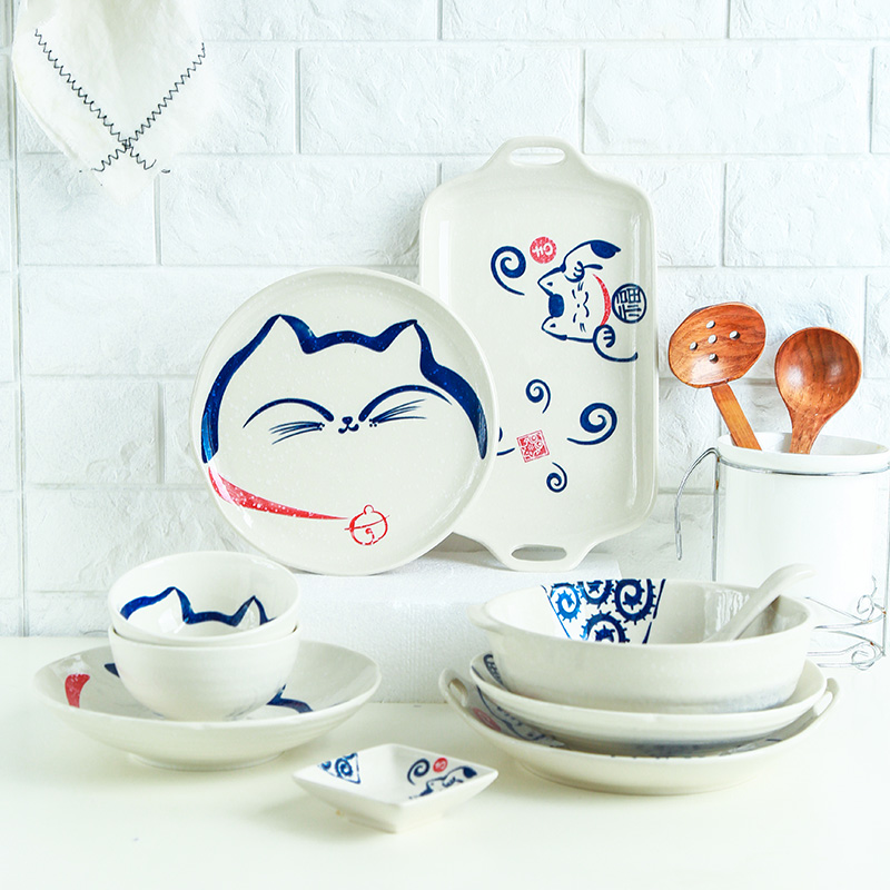 Element treasure Japanese plutus cat ceramic tableware household sweet rice bowls rainbow such as bowl bowl fish dish dish dish soup spoon