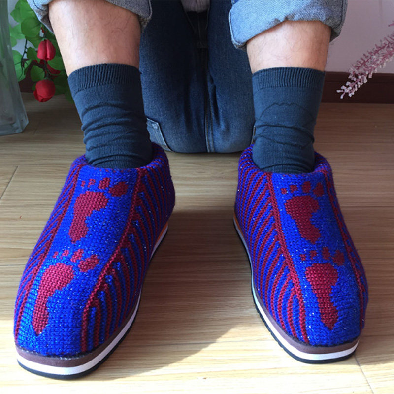 防滑地板毛线棉鞋纯手工编织毛线棉鞋秋冬棉鞋男居家针织保暖棉鞋