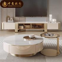 Modern simple light luxury slate size round high and low combination slate living room home small apartment coffee table TV cabinet