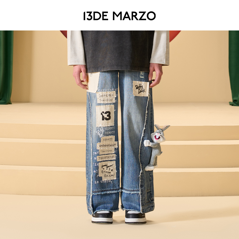 13DE MARZO男女同款 23春夏新款兔八哥联名系列涂鸦休闲牛仔裤