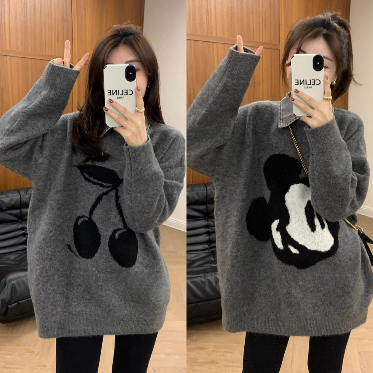 Eurostock Grey Cherry Embroidery Fake two sweater ladies fall winter Lazy Wind loose Fashion Knitted Blouse Tide-Taobao