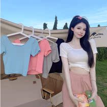 2021 summer new u-neck backless short sleeve T-shirt female Korean version of Joker tight-fitting high waist navel short bottoming top