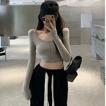 Solid color long sleeve T-shirt women 2021 autumn and winter New U collar simple elastic slim high waist with short base shirt tide