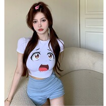Big-Eye cartoon print cotton short-sleeved T-shirt womens high waist navel short bottomed coat light blue denim shorts