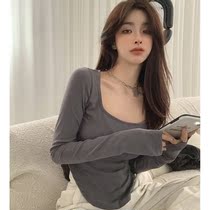 2021 Spring and Autumn New Irregular Splits Long Sleeve T-shirt Female Sexy Low Collar Short base shirt
