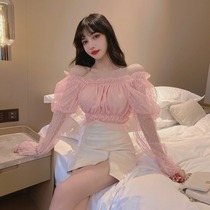 One-word shoulder bubble sleeve shirt female 2021 summer new lace navel short Joker wave dot chiffon shirt