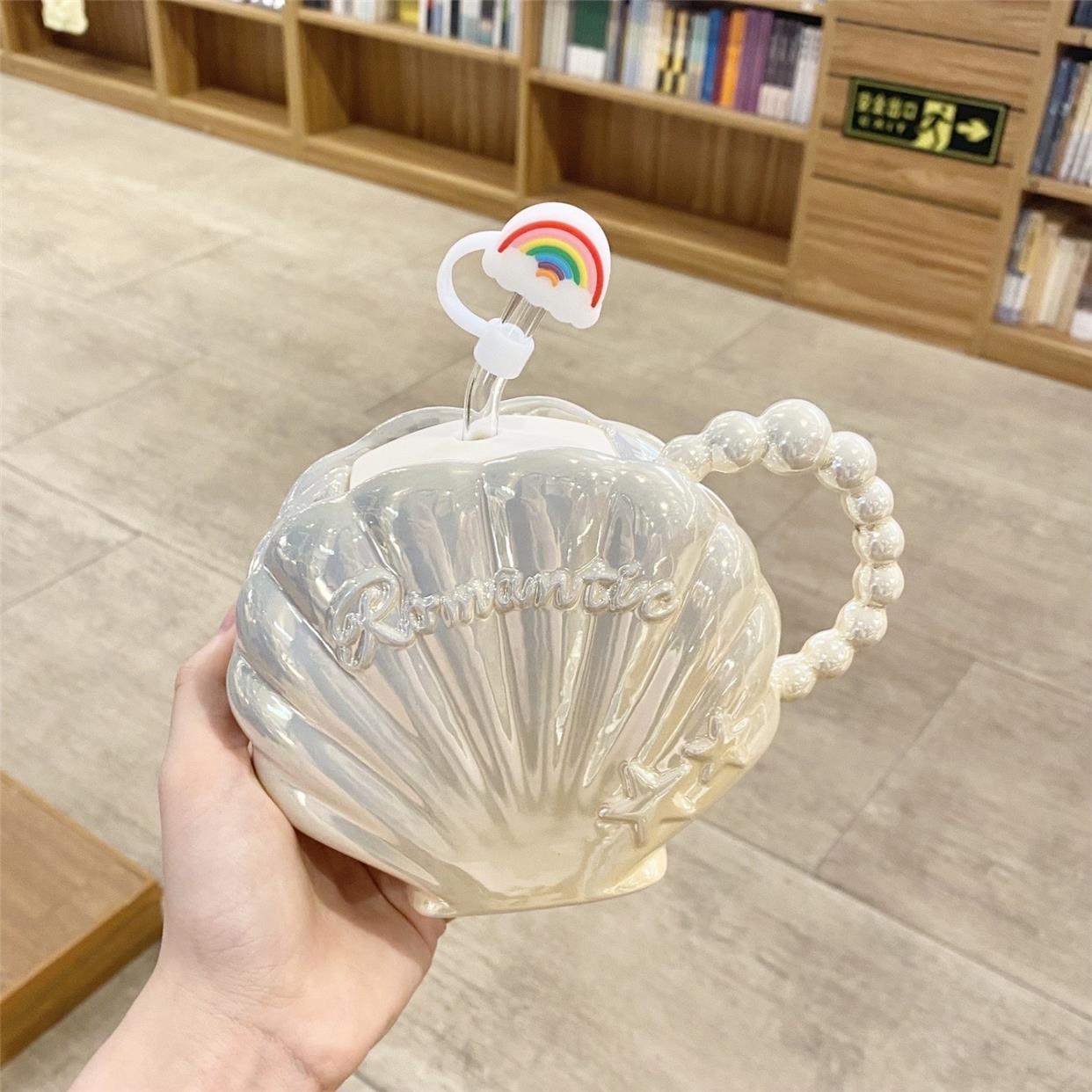 in high face value pearl bay shell water cup cardiology raw gift ceramic cup with lid spoon office mark cup -Taobao