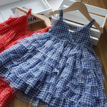 韩国童装2021夏装洋气宝宝公主裙吊带裙网纱蛋糕裙格子女童连衣裙