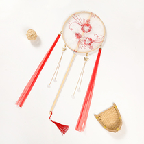 Palm fan childrens fan catwalk Hanfu girl group fan Palace fan small embroidery ancient wind long handle dance fan ribbon round fan