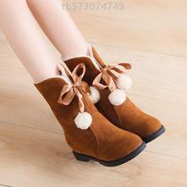 Womens heel boots cotton shoes mid-calf boots fur ball boots winter princess zippers snow winter womens shoes velvet womens boots mid-calf boots