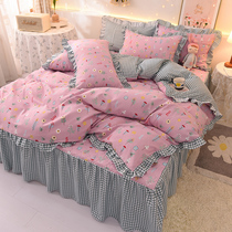 Autumn and winter thickened clip cotton edge bed skirt four-piece set pure cotton light luxury Princess style naked sleeping high-end quilt cover quilt cover