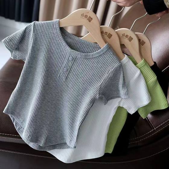 Girls short-sleeved T-shirt summer new style children's baby solid color fashionable and versatile high-waist slim short top Girls short-sleeved T-shirt summer new style children's baby solid color fashionable and versatile high-waist slim short top