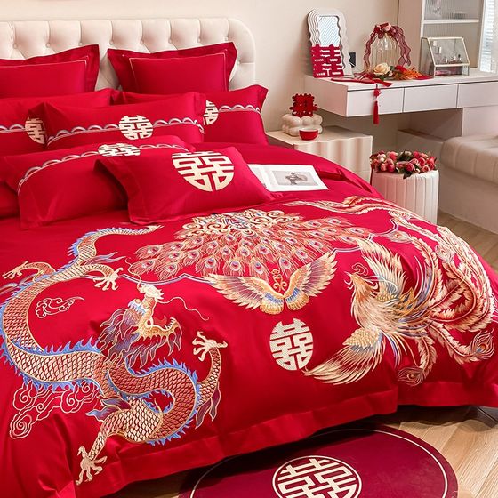 Chinese style dragon and phoenix embroidery wedding four-piece set sheets and quilt cover wedding room big red wedding bedding
Chinese style dragon and phoenix embroidery wedding four-piece set sheets and quilt cover wedding room big red wedding bedding