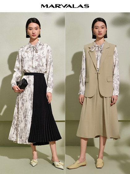 Mandesty Printed Chiffon 셔츠 2025 여름 새로운 대비 컬러 새로운 중국 최고 기질 스 트리머 목 셔츠 여성 Mandesty Printed Chiffon 셔츠 2025 여름 새로운 대비 컬러 새로운 중국 최고 기질 스 트리머 목 셔츠 여성