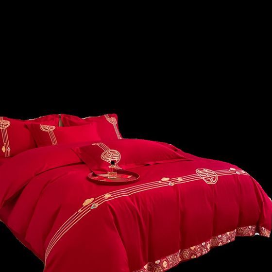 High -end Chinese -style cotton wedding four -piece large red bed sheet is set to a cotton wedding bed products on the wedding room happy High -end Chinese -style cotton wedding four -piece large red bed sheet is set to a cotton wedding bed products on the wedding room happy