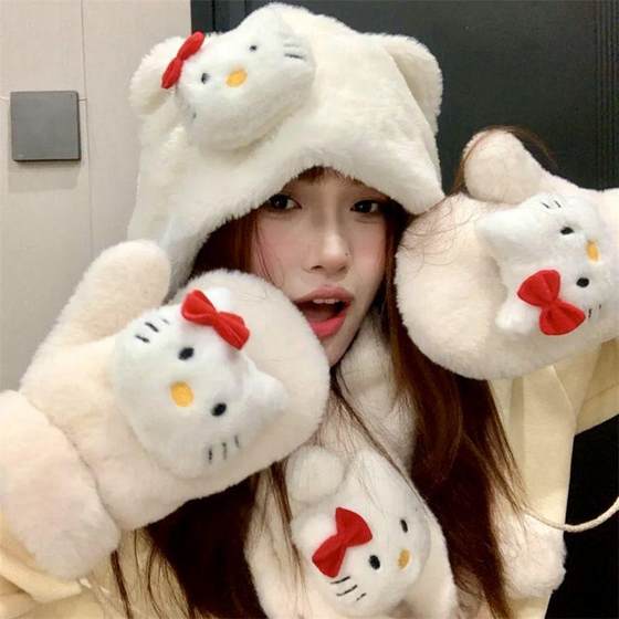 Hellokitty Earmuffs KT 고양이 모자 3 조각 스카프 장갑 겨울 자전거 타기 따뜻한 소녀 모피 학생 Hellokitty Earmuffs KT 고양이 모자 3 조각 스카프 장갑 겨울 자전거 타기 따뜻한 소녀 모피 학생