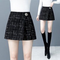Plaid woolen shorts womens autumn 2020 new high waist irregular split three-point pants spring and autumn black culottes