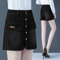 Denim shorts womens autumn 2020 new high-waisted loose black denim wide-legged pants skirt pants