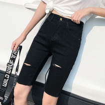 Denim five-point pants womens summer thin 2021 new high-waisted shorts tight Hong Kong flavor 5-point pants show thin middle pants