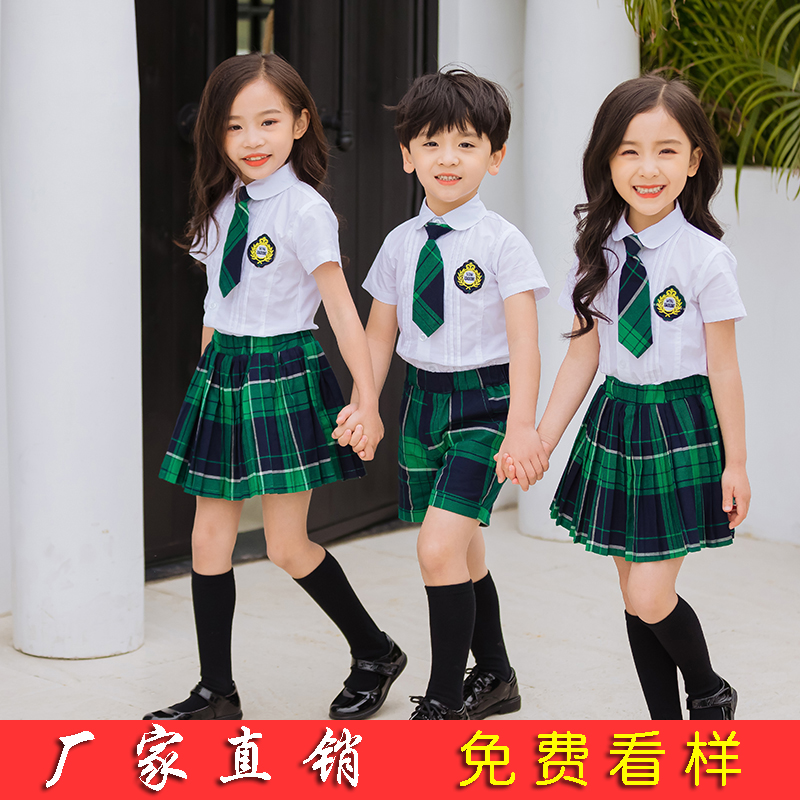 Kindergarten Garden clothes Summer Inn College Wind Girls Primary school students Class white shirt Green plaid graduation photo of male