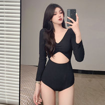 Swimwear womens hot spring conjoined small breasts gathered thin black long sleeves conservative sexy backless slippery swimwear