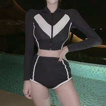 2021 new hot spring black long-sleeved split swimsuit female student conservative small chest gathered high waist belly cover swimsuit