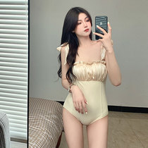 Swimwear women hot spring 2021 new sexy small chest gather belly apricot color thin student conservative one-piece swimsuit