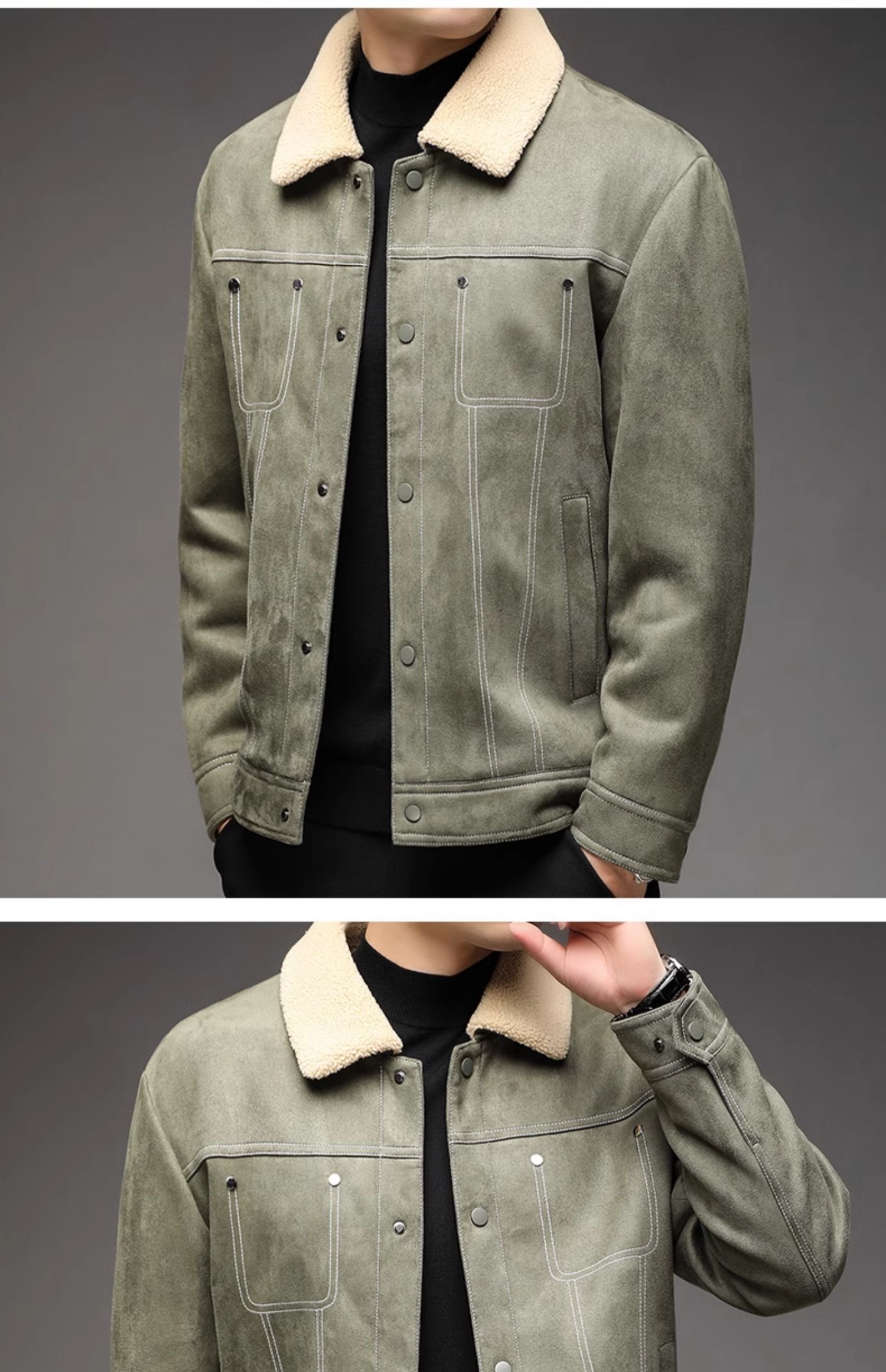 老爷车加绒夹克男士冬季加厚保暖外套中年羊羔毛领复古爸爸男装