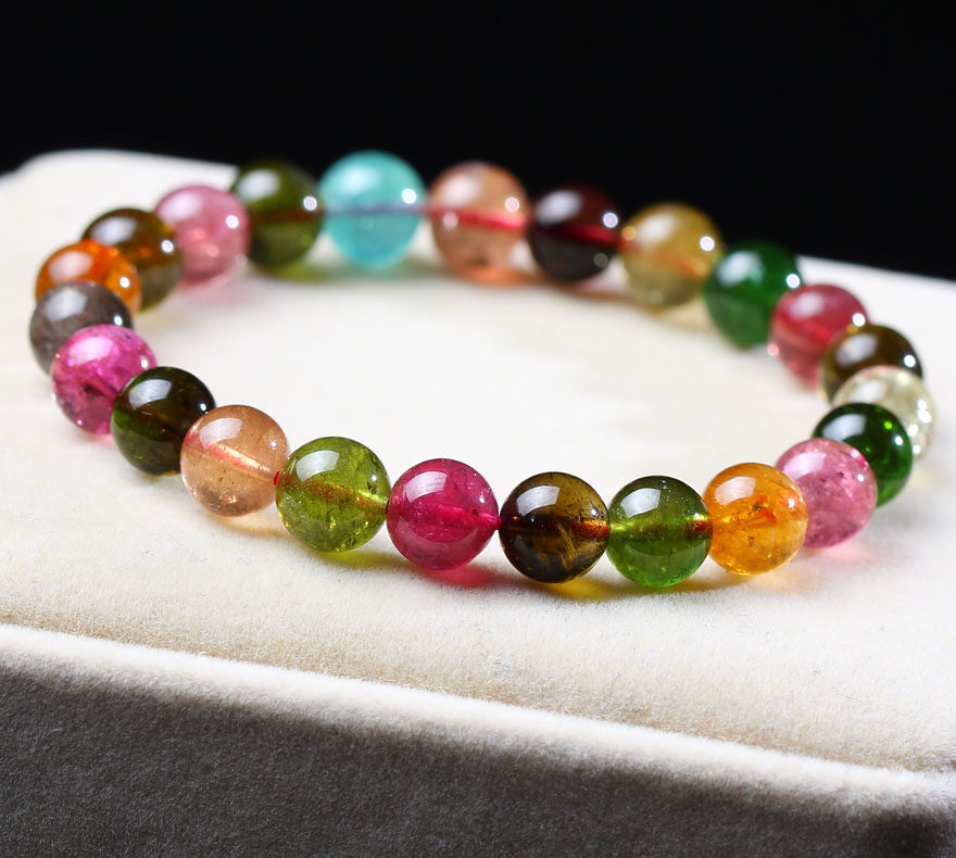 巴西天然极品糖果色碧玺手链 8mm 色泽浓艳 晶体通透