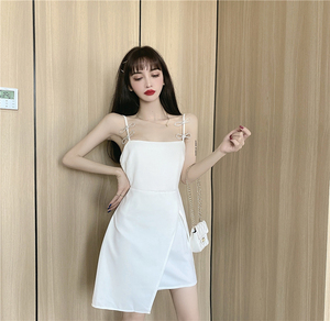 Summer bow decoration temperament sling skirt slit waist show thin short A-line dress