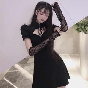 New sexy dark bubble sleeve bandage A-line sleeve sleeve small stand collar dress