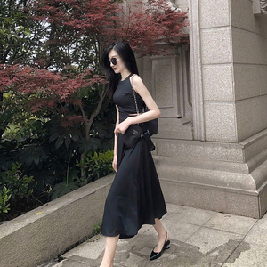 Hanging neck temperament split open waist elegant dress good quality summer