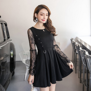 Fall 2020 dress with lace stitching and flared sleeve large swing skirt temperament small black skirt