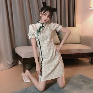 Summer bubble sleeve cheongsam skirt modern style student girl Plaid modified dress