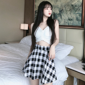 Drawstring Strapless strap high waist plaid skirt suit