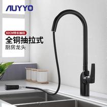 AUYYO All copper black gold pull-out rotatable kitchen hot and cold faucet universal rotating vegetable basin faucet