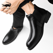 Crocodile leather shoes mens winter high cotton shoes plus velvet warm English Chelsea boots real cowhide mens shoes black leather shoes