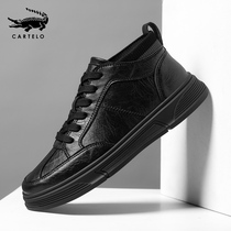 Crocodile mens shoes autumn and winter 2021 new mens British style mid-help casual leather shoes winter board shoes mens Korean version of the tide