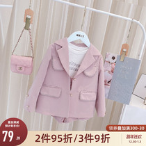 Girls Suit Set Autumn 2021 New Tong-Tong foreign-style Pearl Blazer Jacket Childrens Shorts Two-piece Set